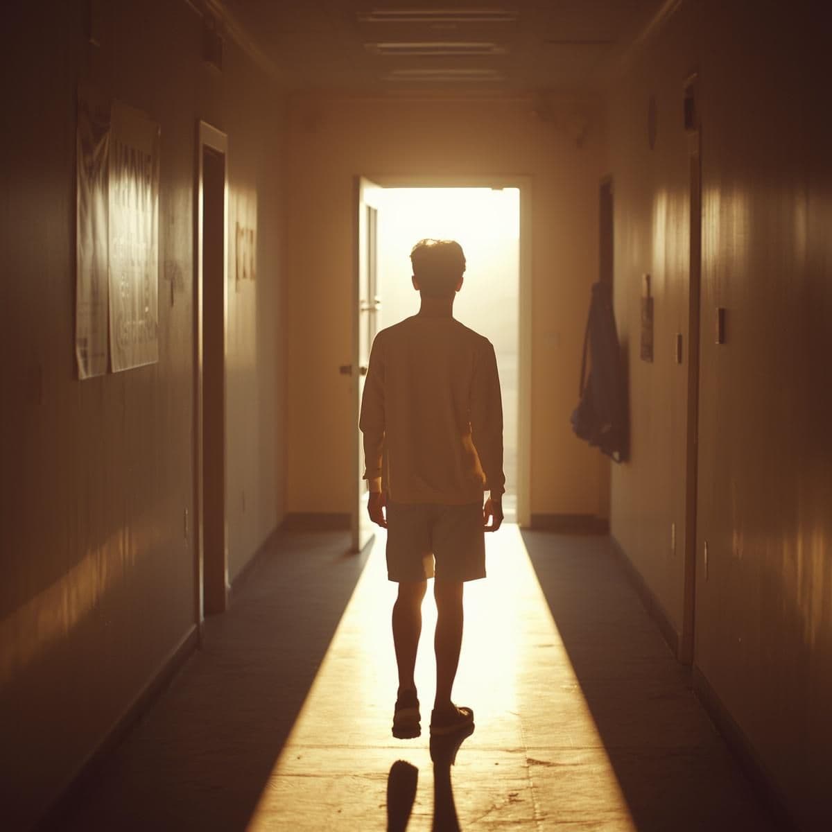 Soft light through an open door, suggesting a child stepping toward independence