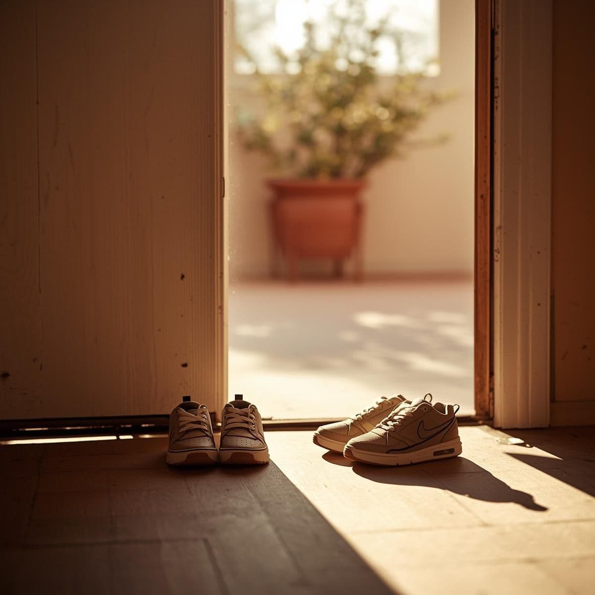 Two pairs of shoes by a door, suggesting two seasons of childhood in the same home